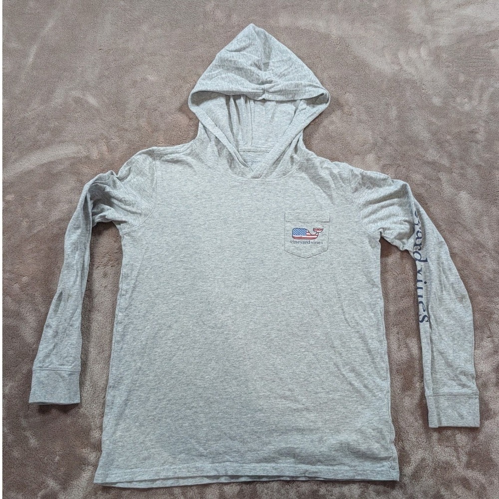 Vineyard Vines Hooded T-Shirt Boys L 14 Gray American Flag Whale Long Sleeve
